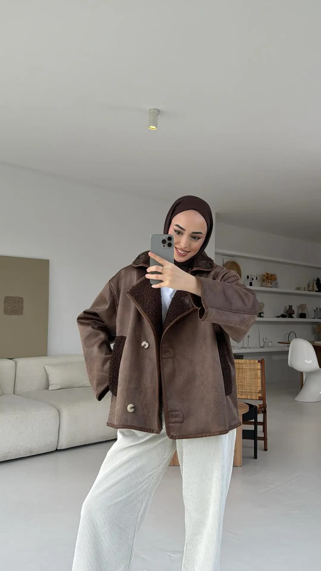 Oversize İçi Kürklü Kaban Kahve