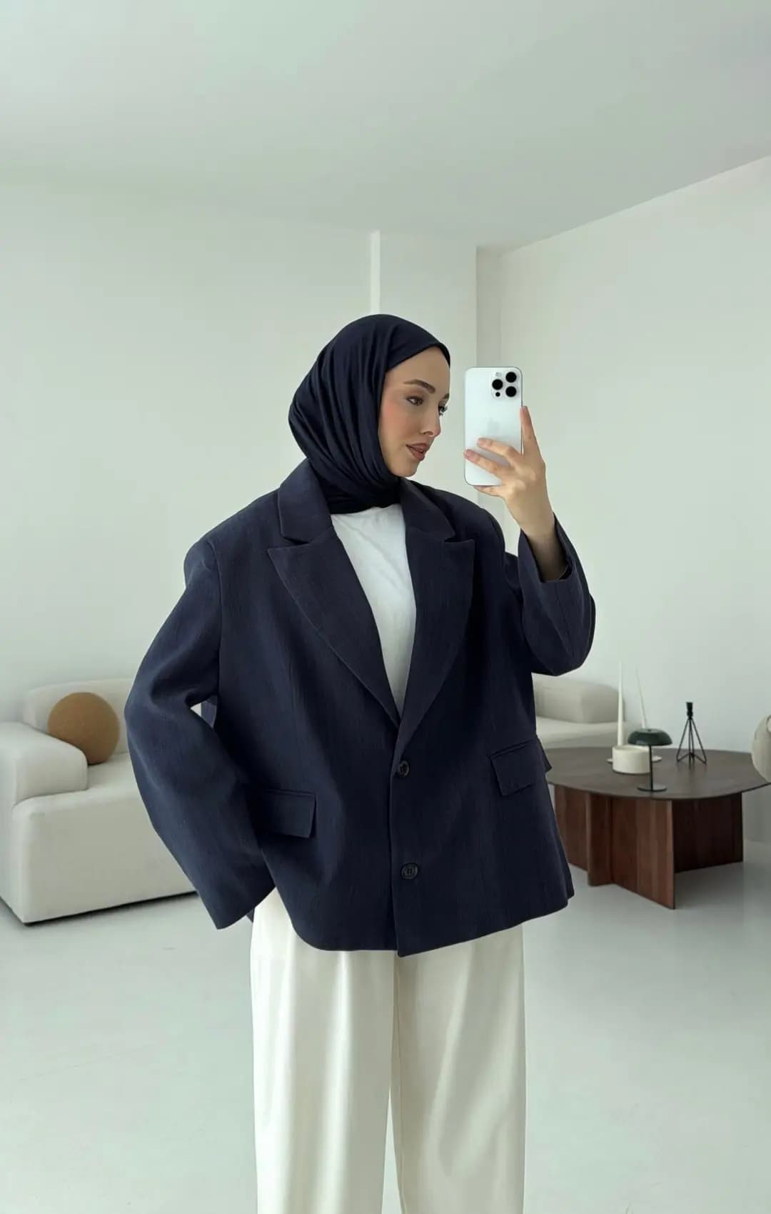 Lacivert Keten Oversize Blazer Ceket