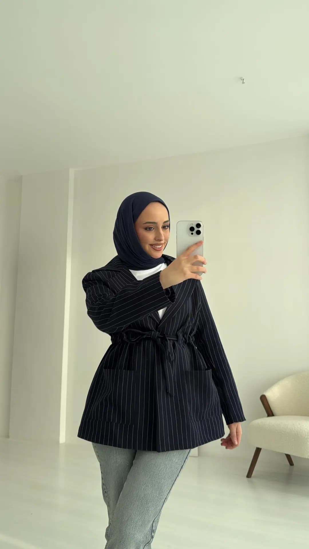 Bağlamalı Çizgili Blazer Ceket