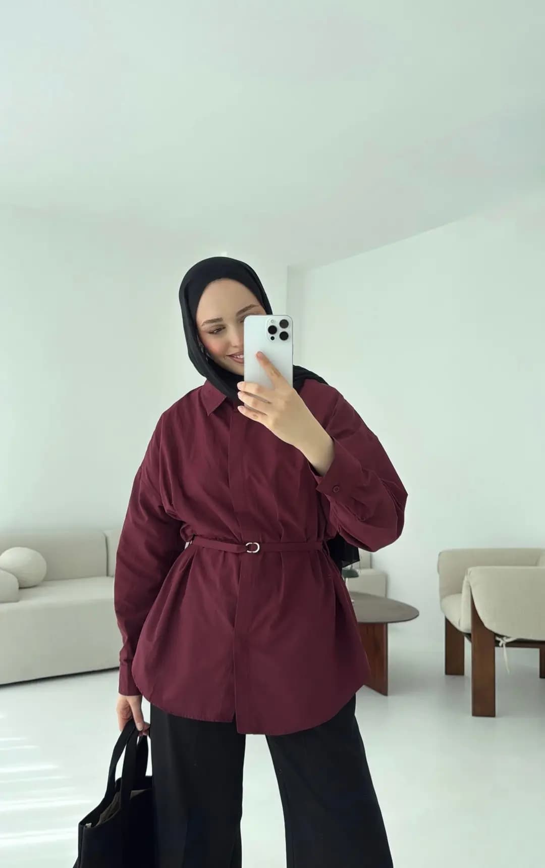 Bordo Kemerli Gömlek