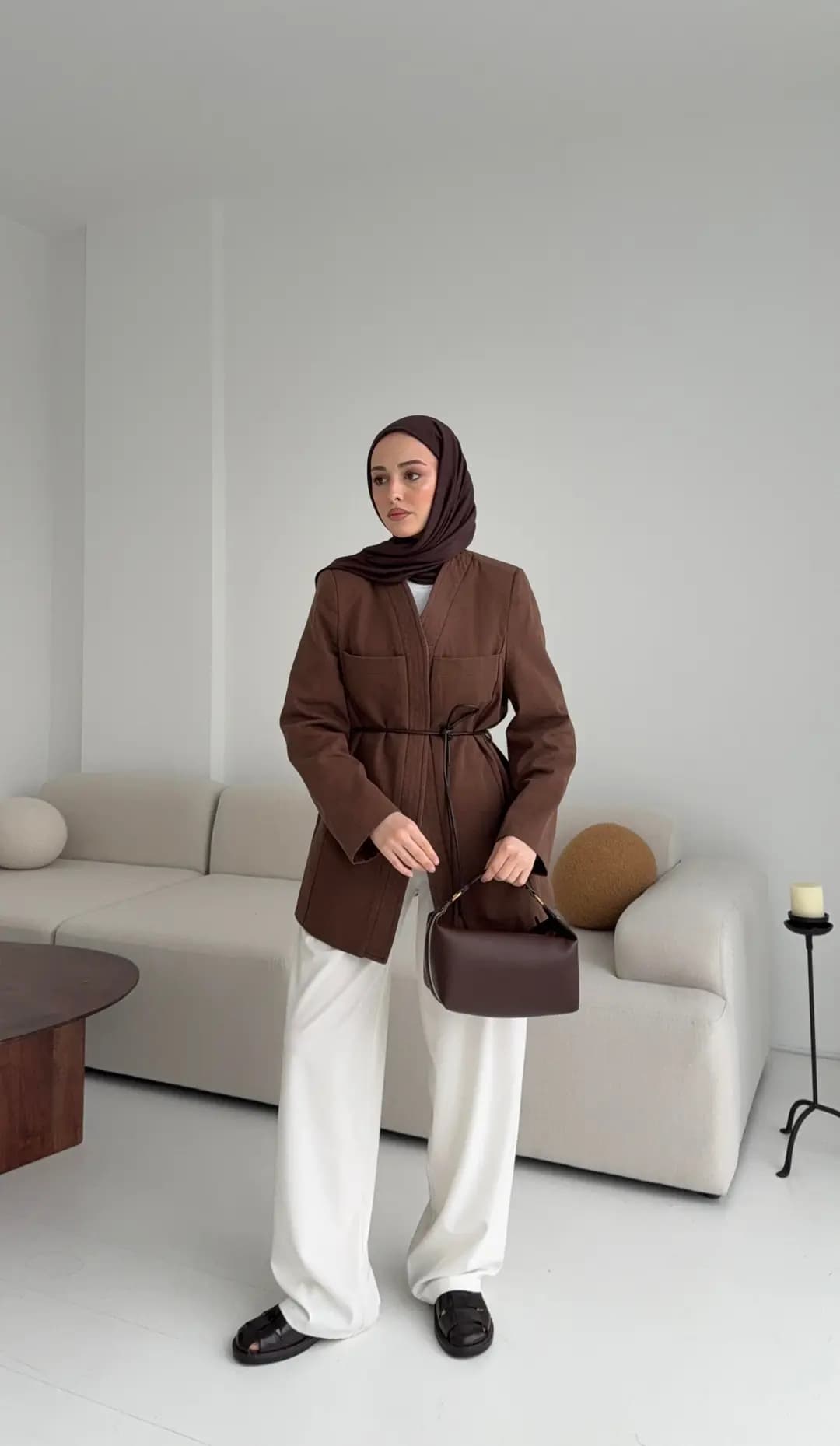 Gabardin Kemerli Ceket Kahve