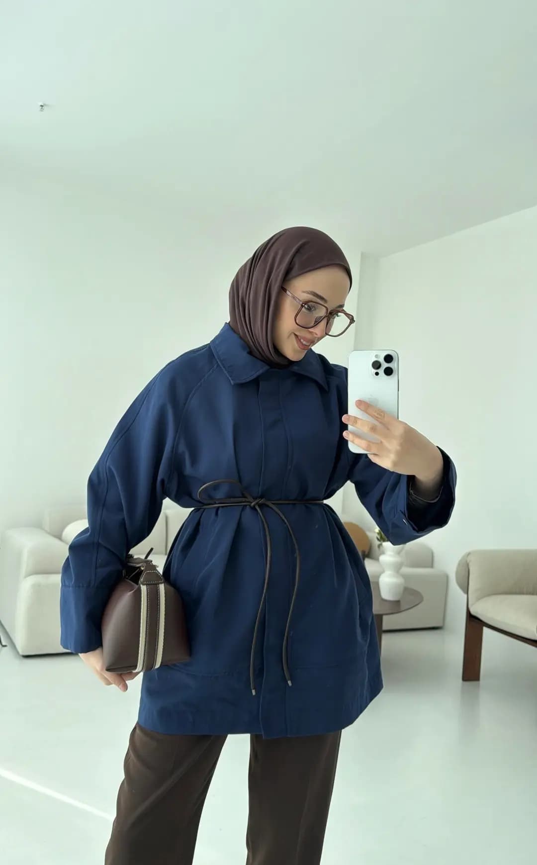 Deri Kemerli Premium Astarlı Fermuarlı Trençkot Lacivert