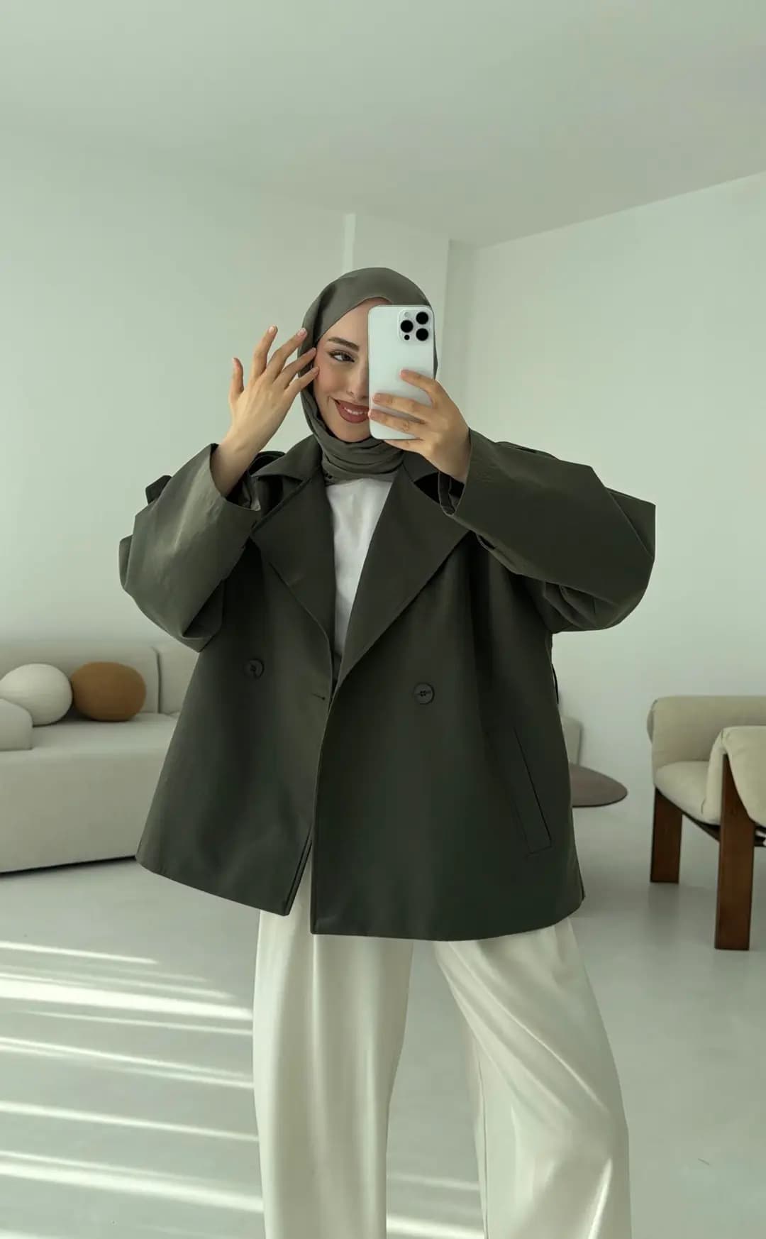 Vatkalı Kısa Trençkot Haki