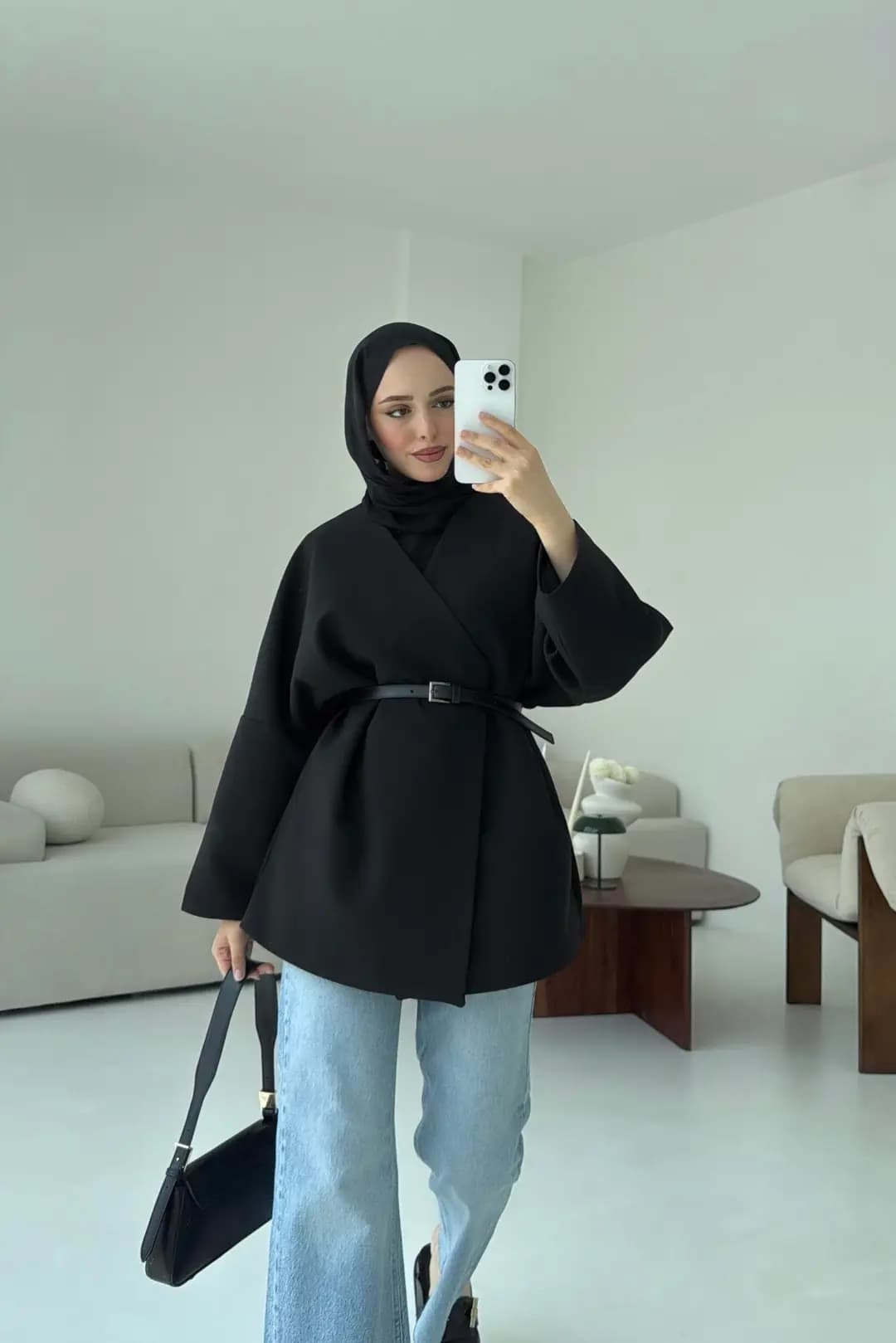 Deri Kemer Detay Oversize Ceket Siyah