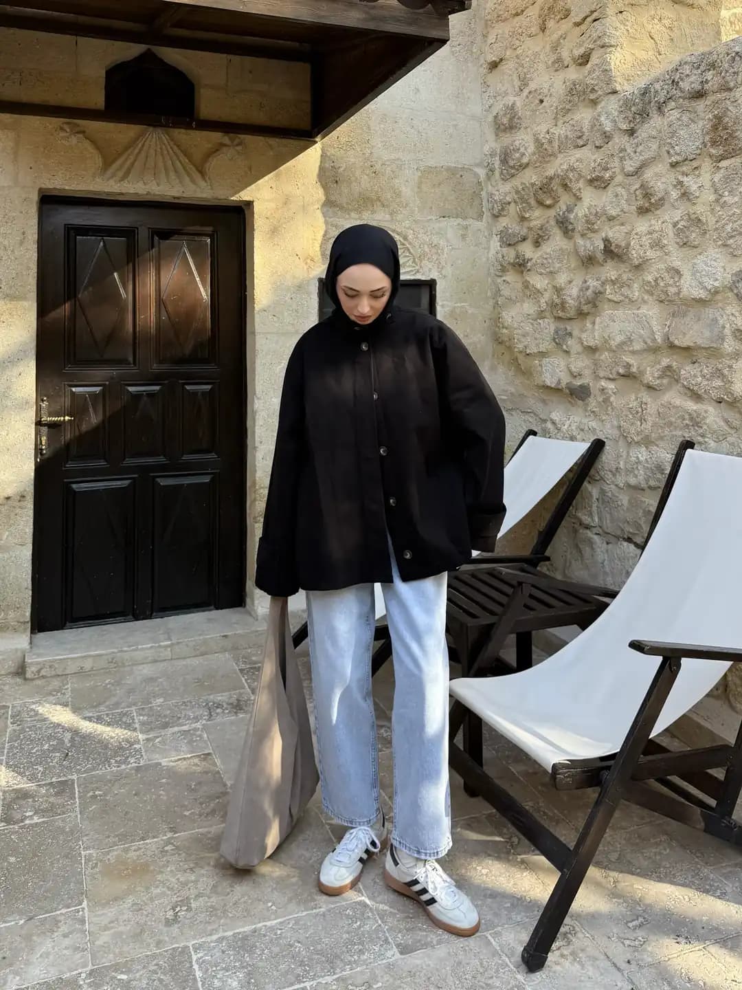 Dik Yaka Gabardin Ceket Siyah