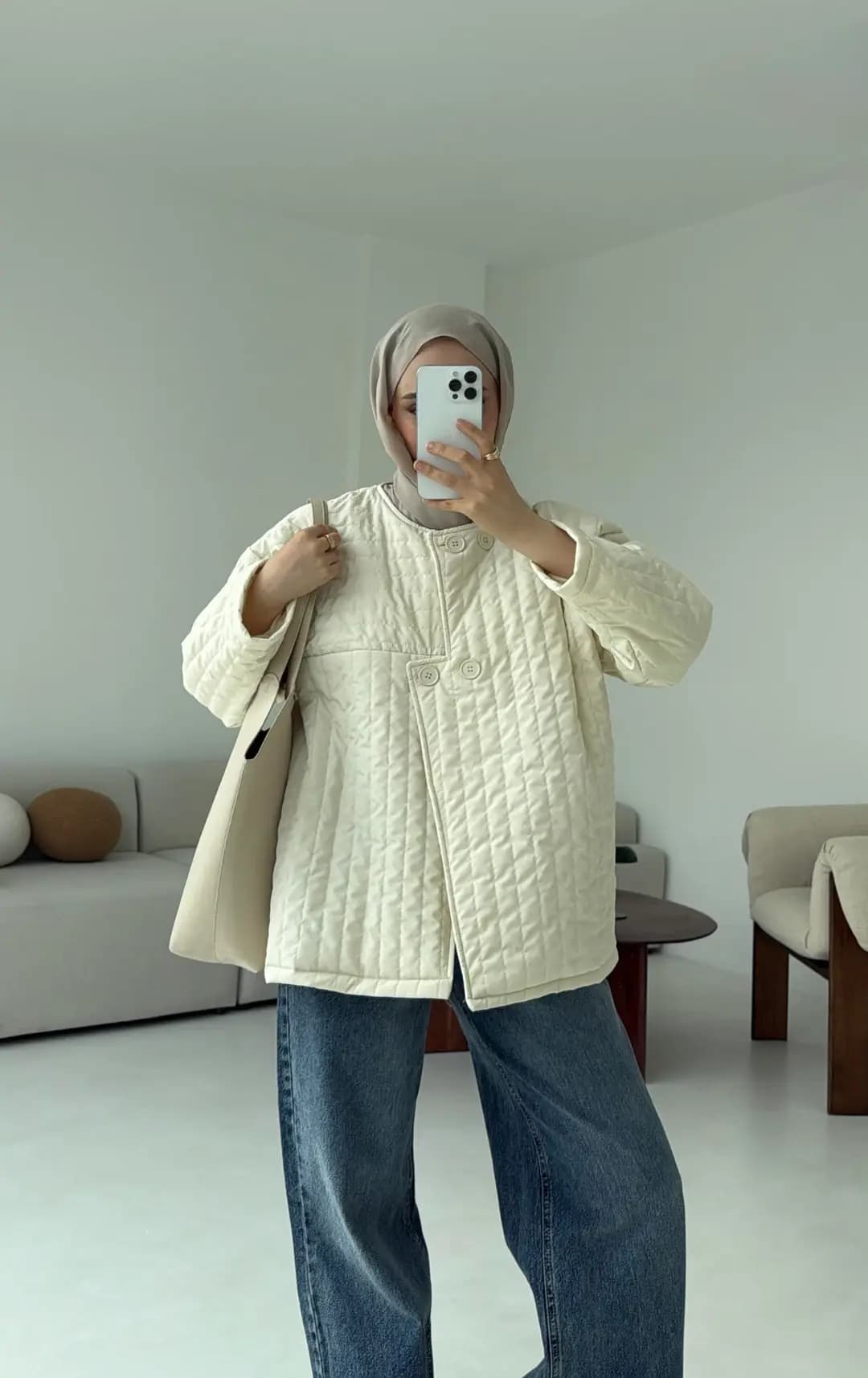 Kapitone Astarlı Ceket Krem