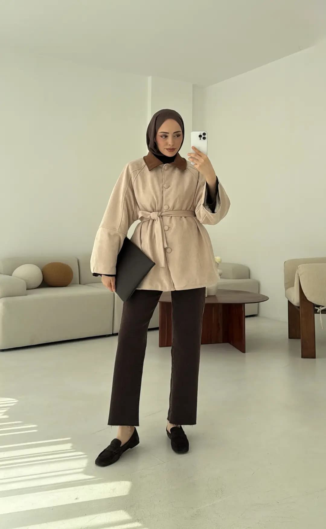 Nubuk Kontrast Yaka Ceket Bej
