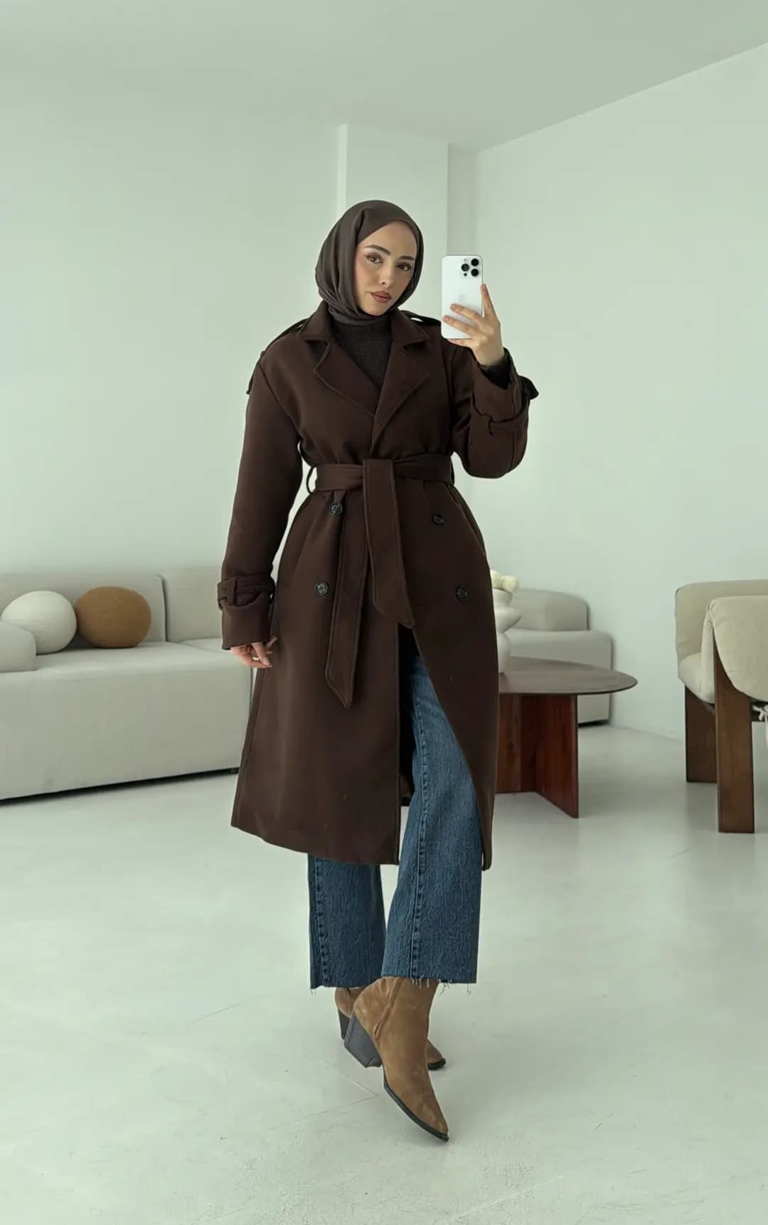 Premium Uzun Kaşe Kaban Kahve