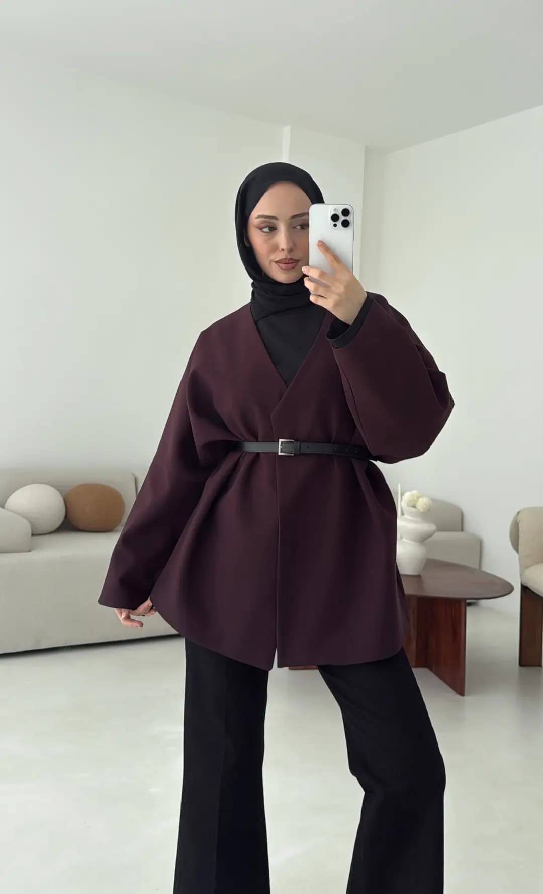 Deri Kemer Detay Oversize Ceket Mürdüm