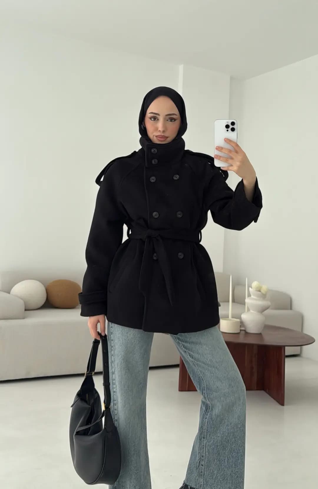 Kuşaklı Oversize Kaşe Kaban Siyah