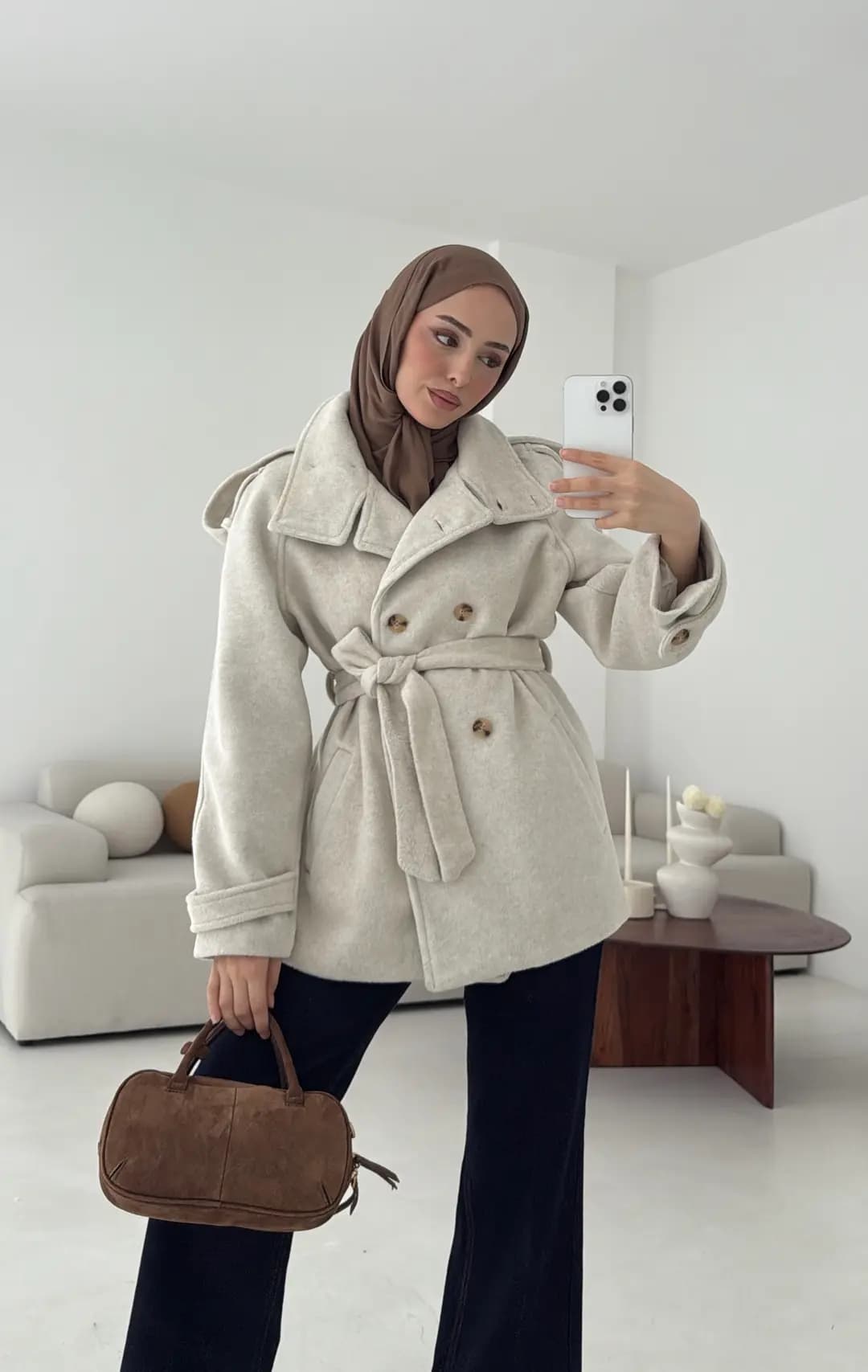 Kuşaklı Oversize Kaşe Kaban Bej