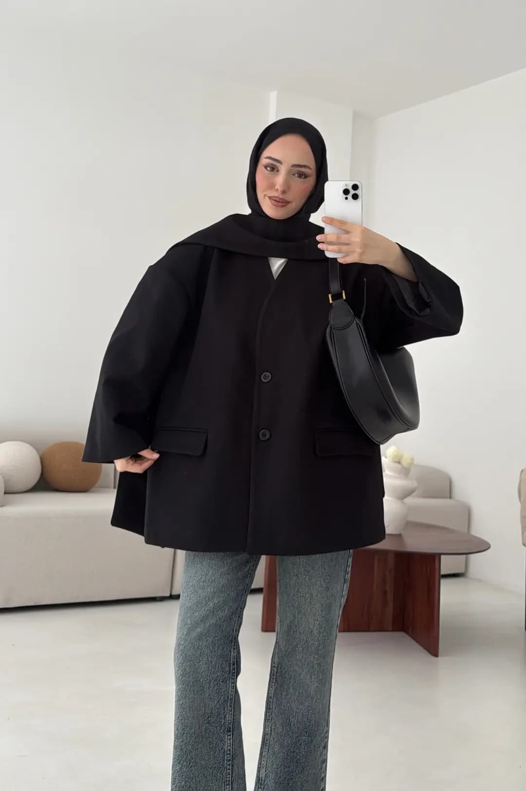 Düşük Omuz Atkılı Kaşe Ceket Siyah