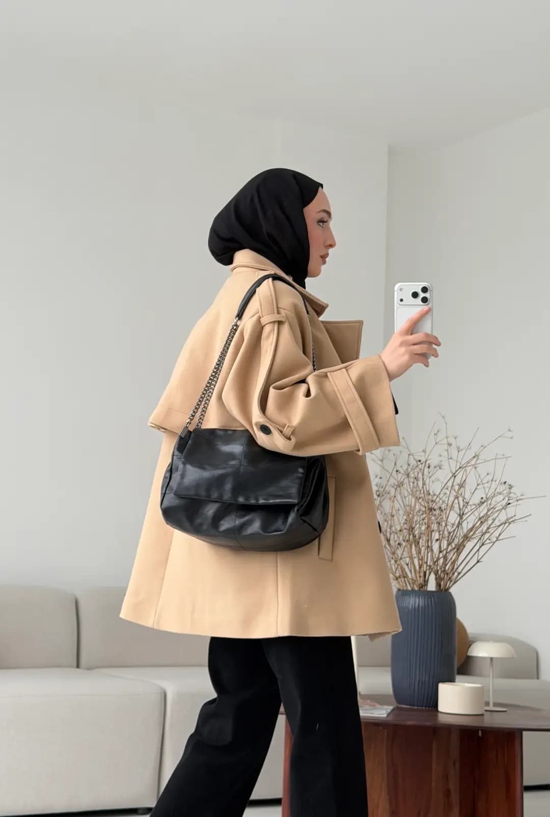 Camel Düğmeli Kol Manşetli Kaşe Kaban