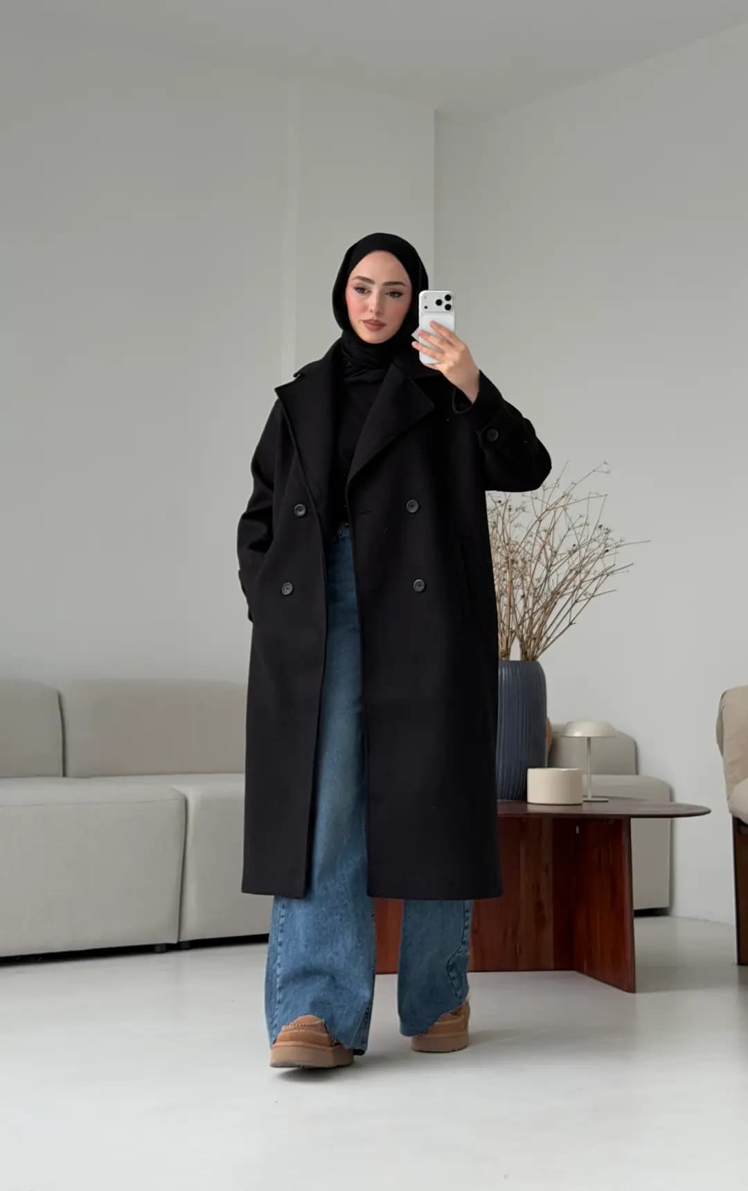 Çift Dügmeli Uzun Kaşe Kaban Siyah
