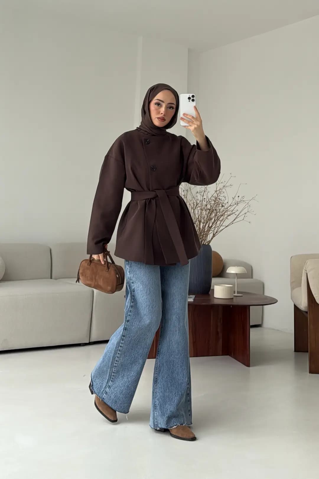 Yandan Düğmeli Kemerli Ceket Kahve