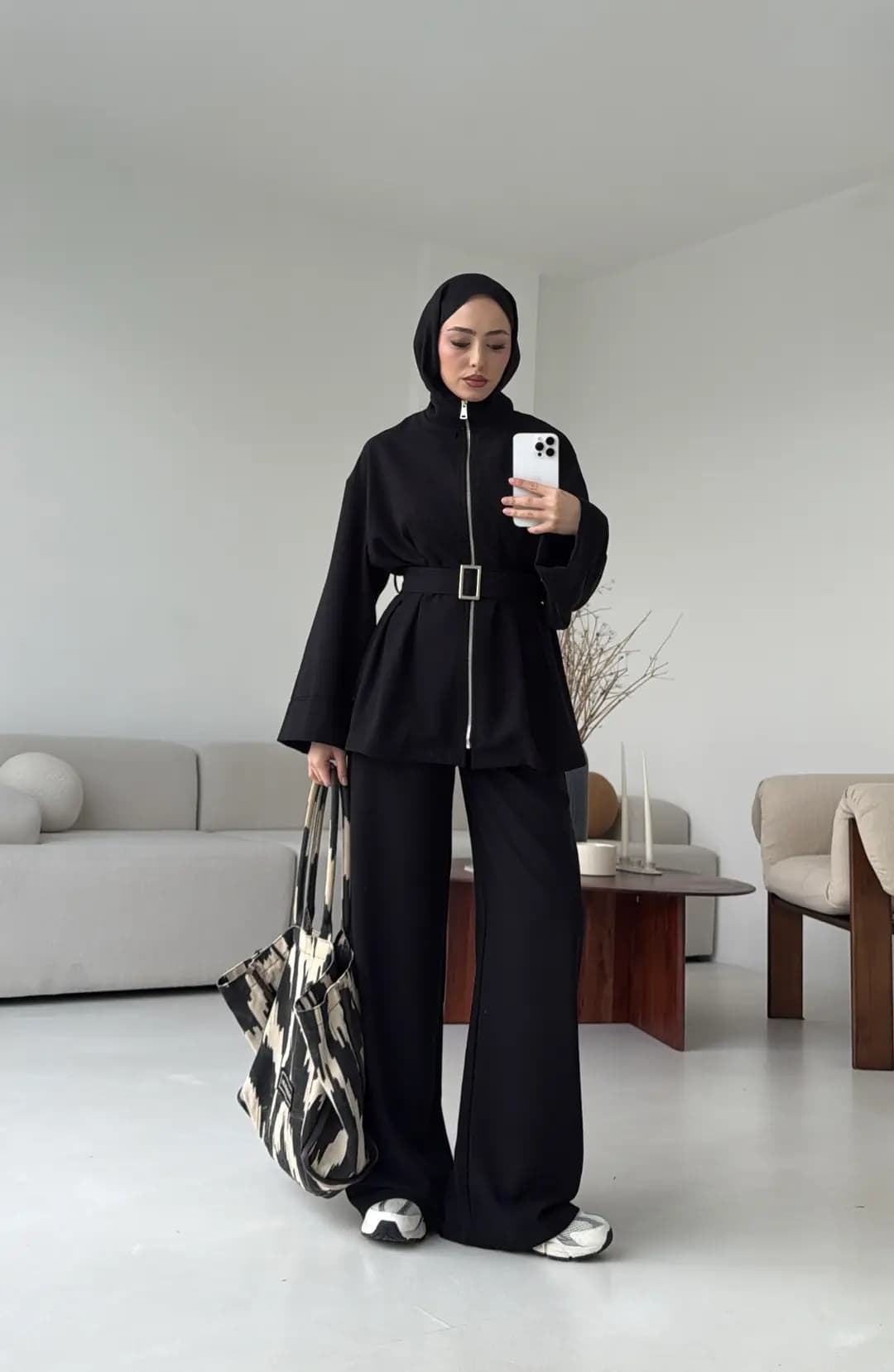 Tokalı Kemerli Pileli Tunik Takım Siyah