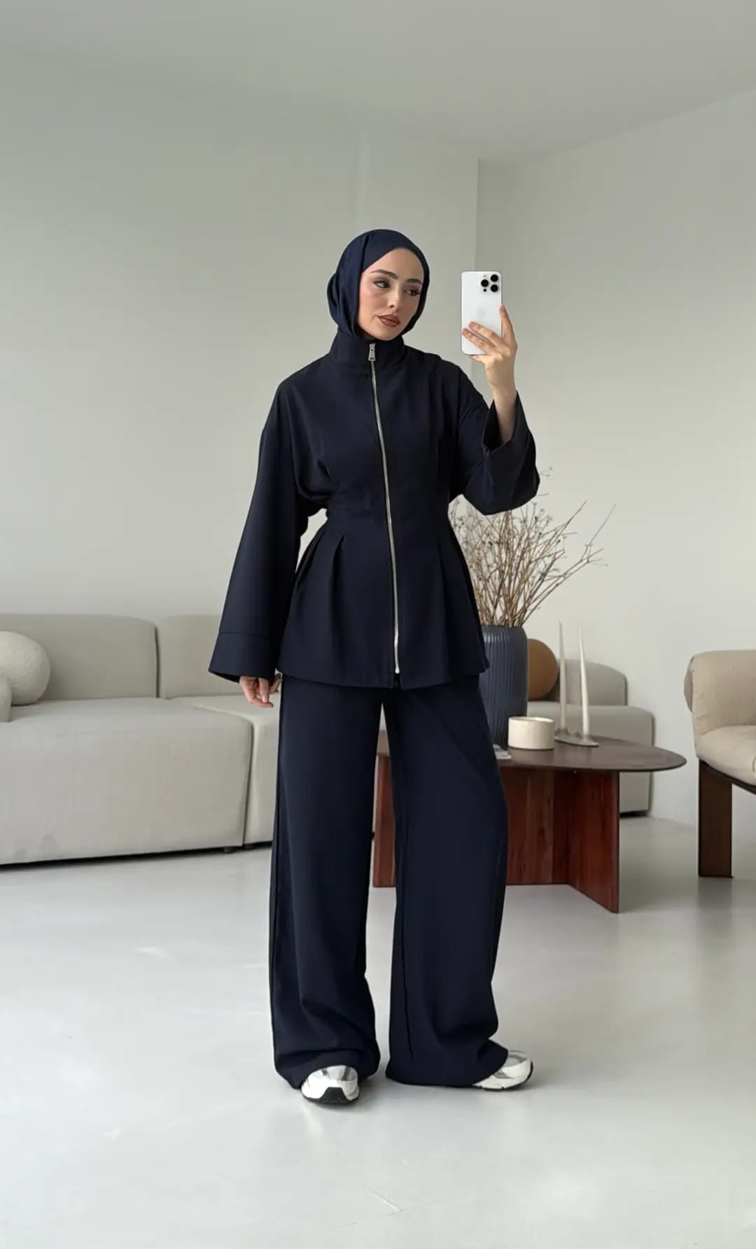 Tokalı Kemerli Pileli Tunik Takım Lacivert