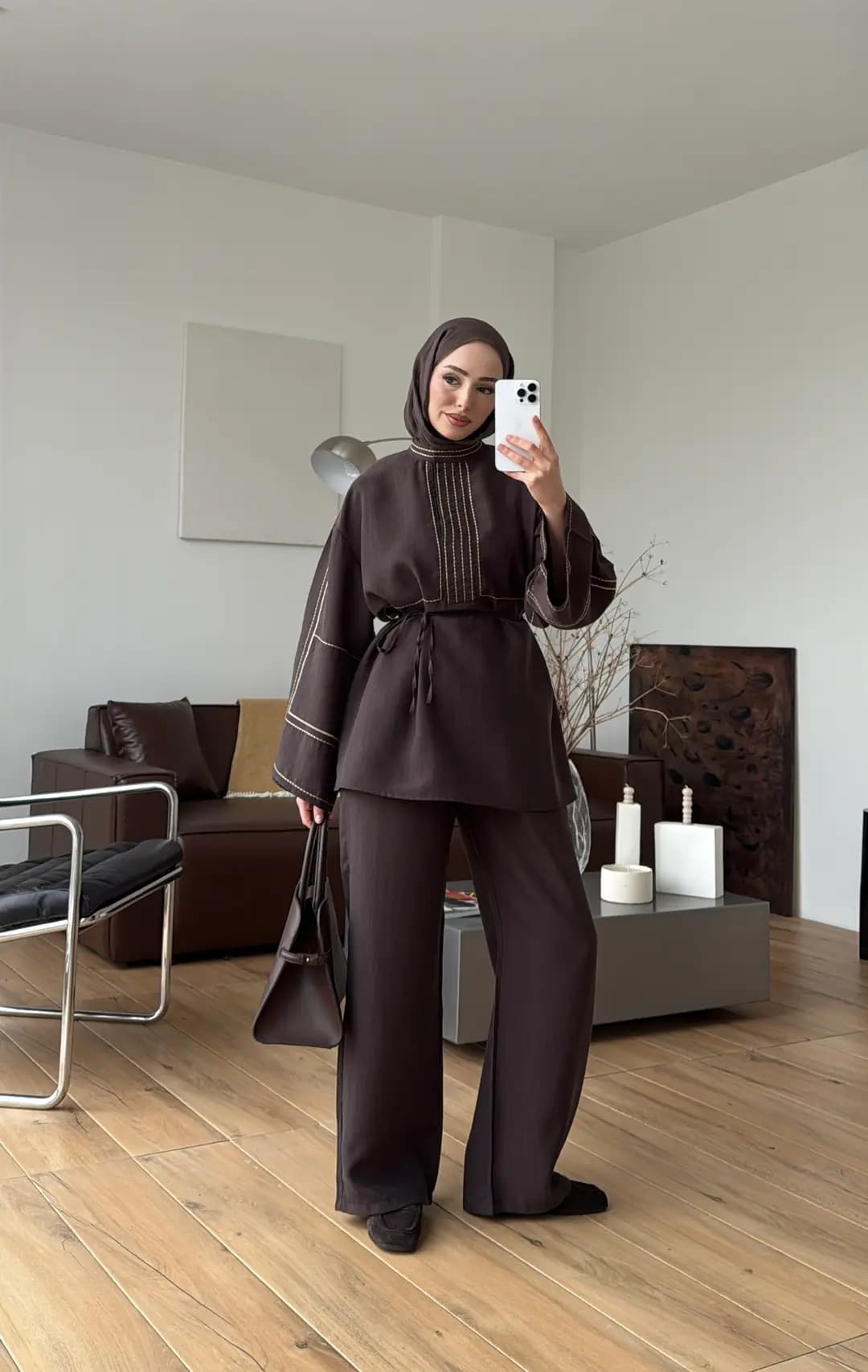 Nakışlı Tencel Takım Kahve