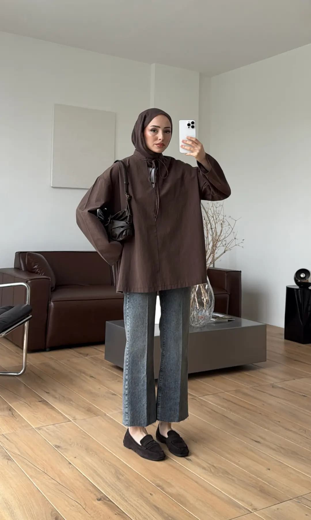 Yakası Bağlamalı Keten Bluz Kahve