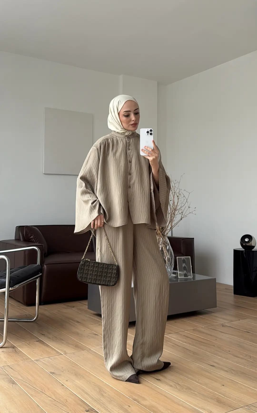 Oversize Geniş Kol Çizgili Takım Haki