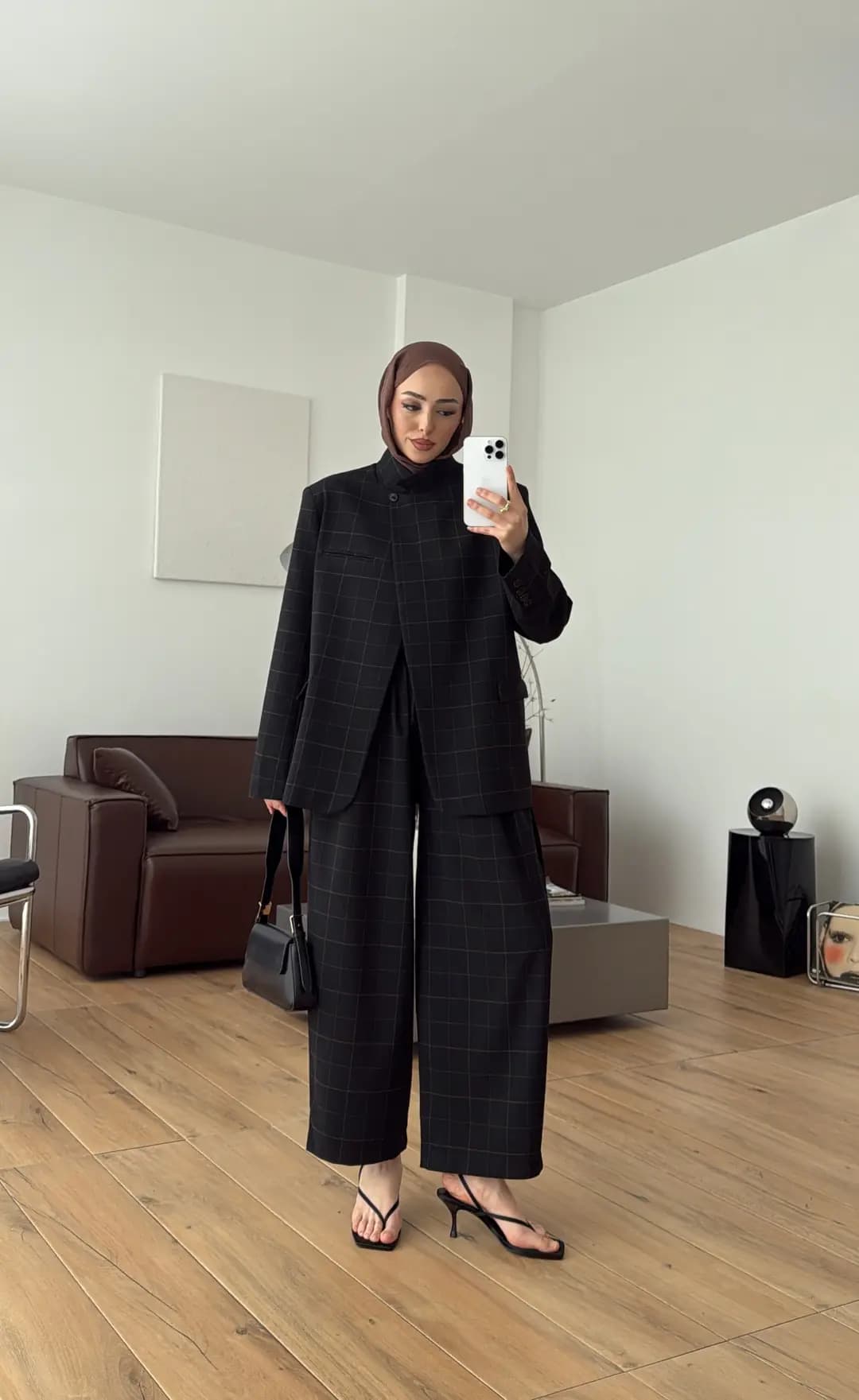 Dik Yakalı Ekose Blazer Ceket Siyah