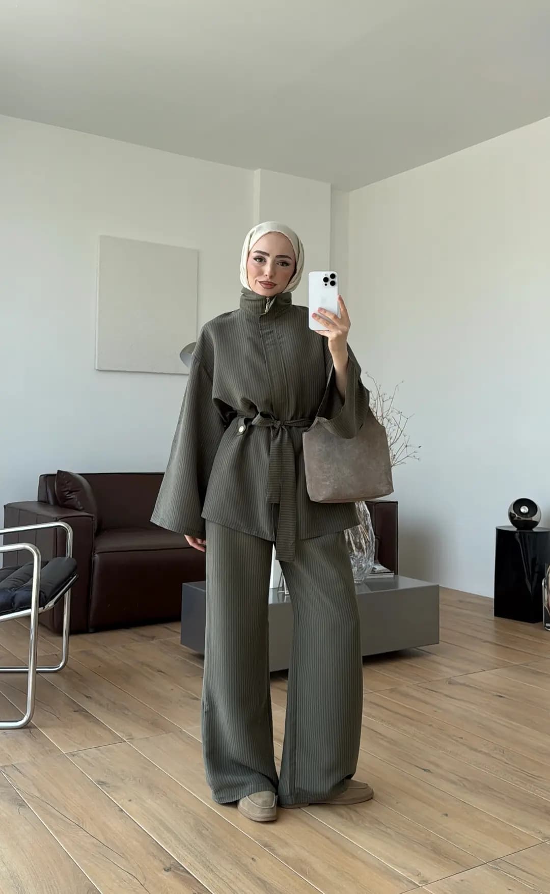 Fermuarlı Dik Yaka Takım Haki