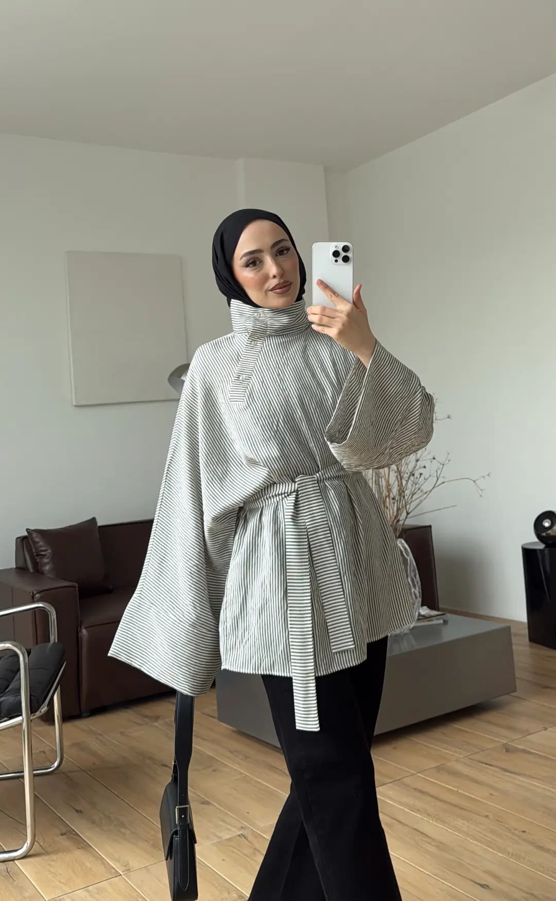Yakası Düğmeli Çizgili Tunik Siyah