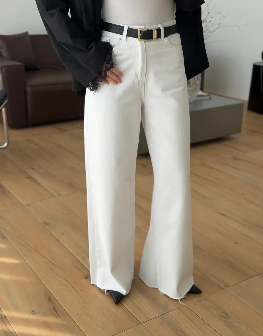 Kemerli Wide Leg Beyaz Jean