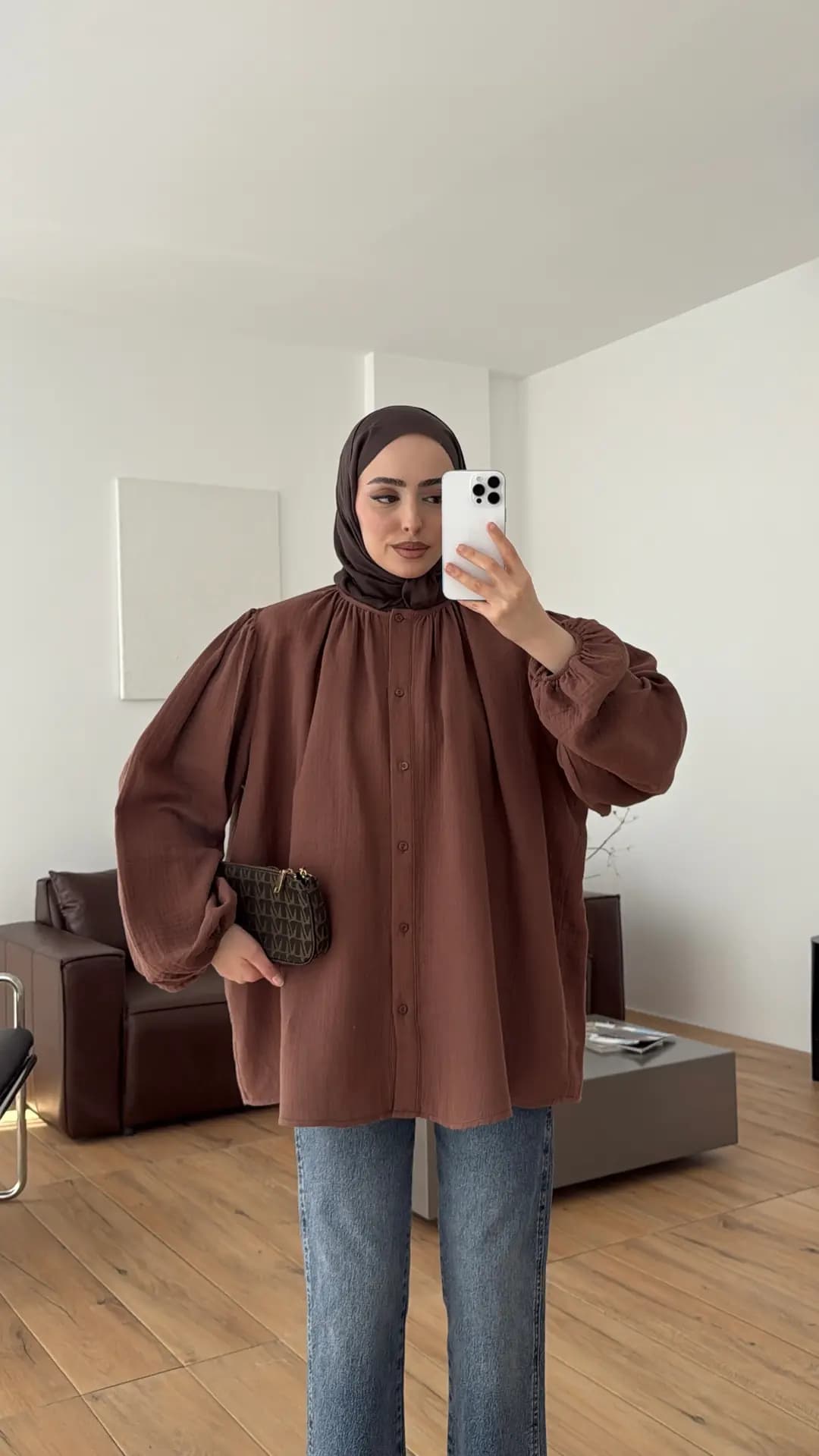 Kolları Lastikli Müslin Gömlek Ç.Kahve