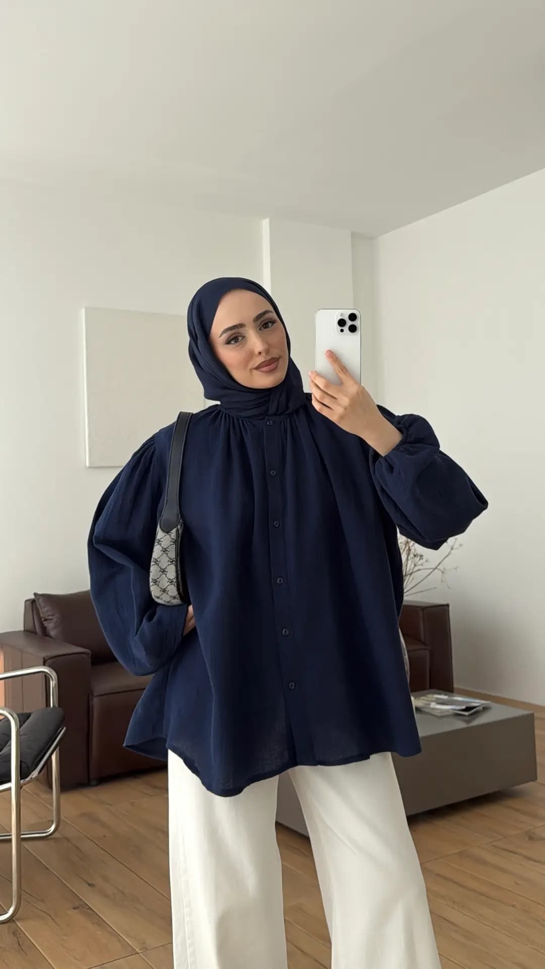 Kolları Lastikli Müslin Gömlek Lacivert