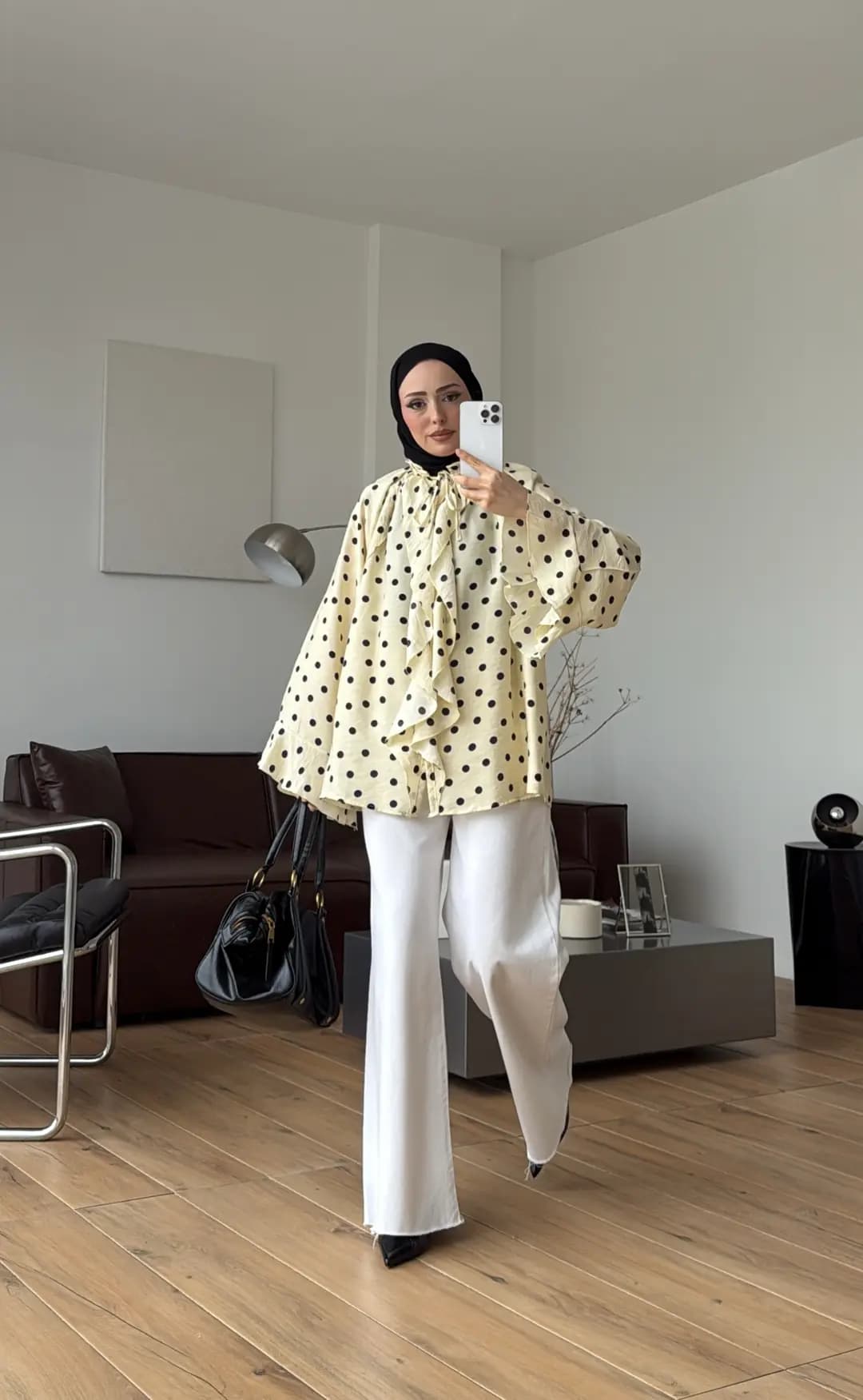 Fırfır Detaylı Puantiyeli Gömlek Sarı