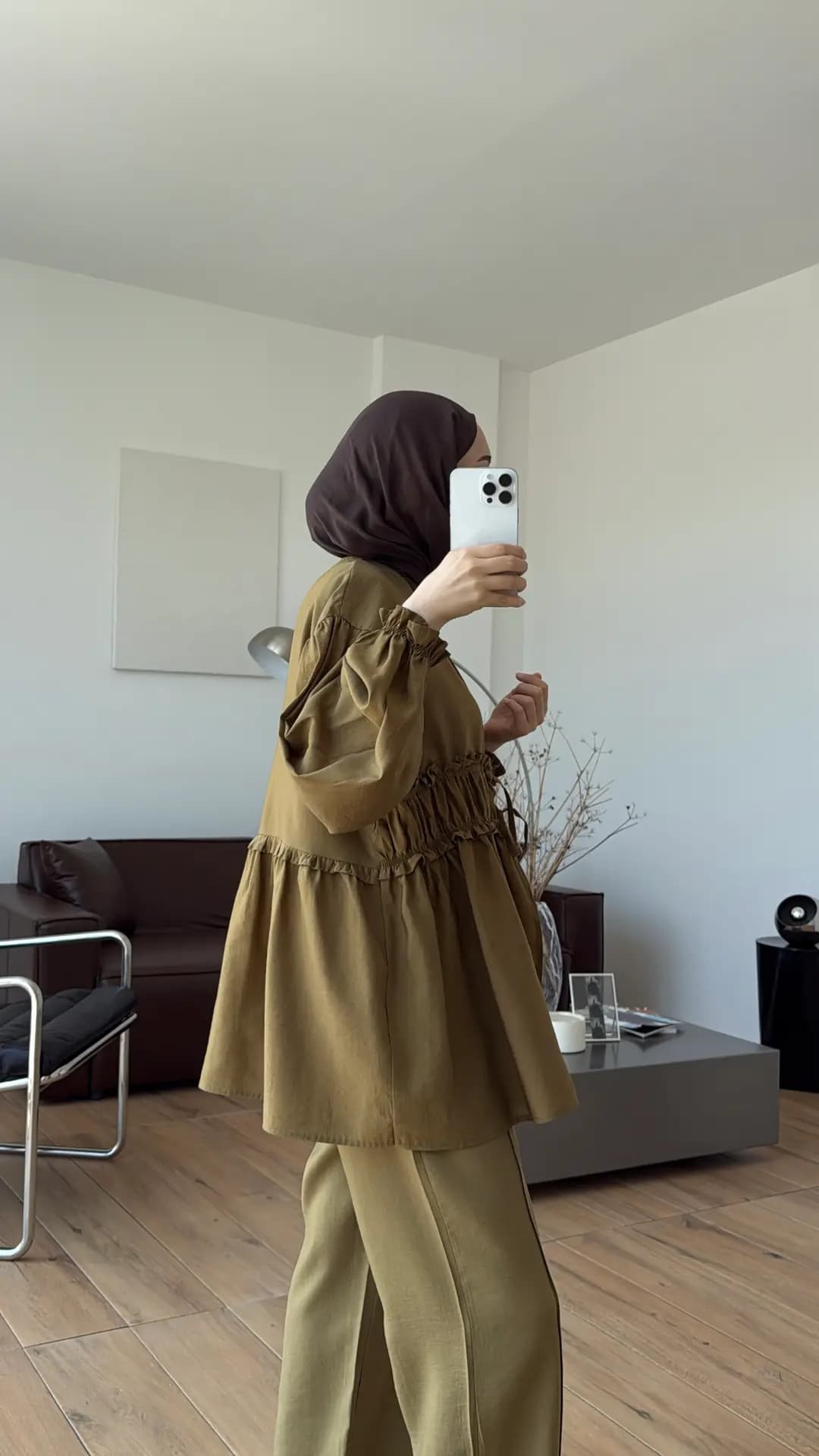 Beli Büzgülü Kimonolu Takım Yağ Yeşili