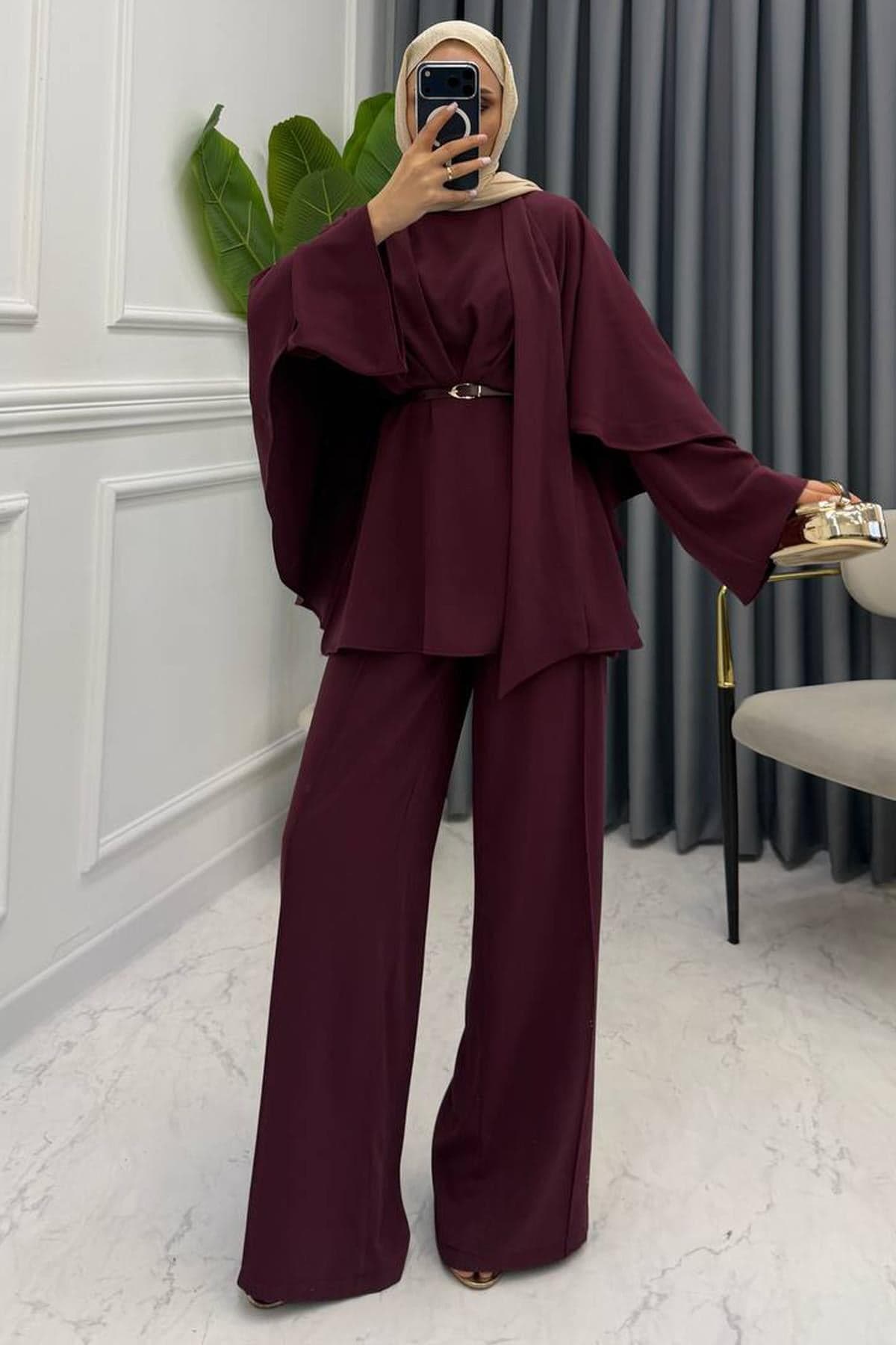 PELERİNLİ PANTOLONLU TAKIM BORDO