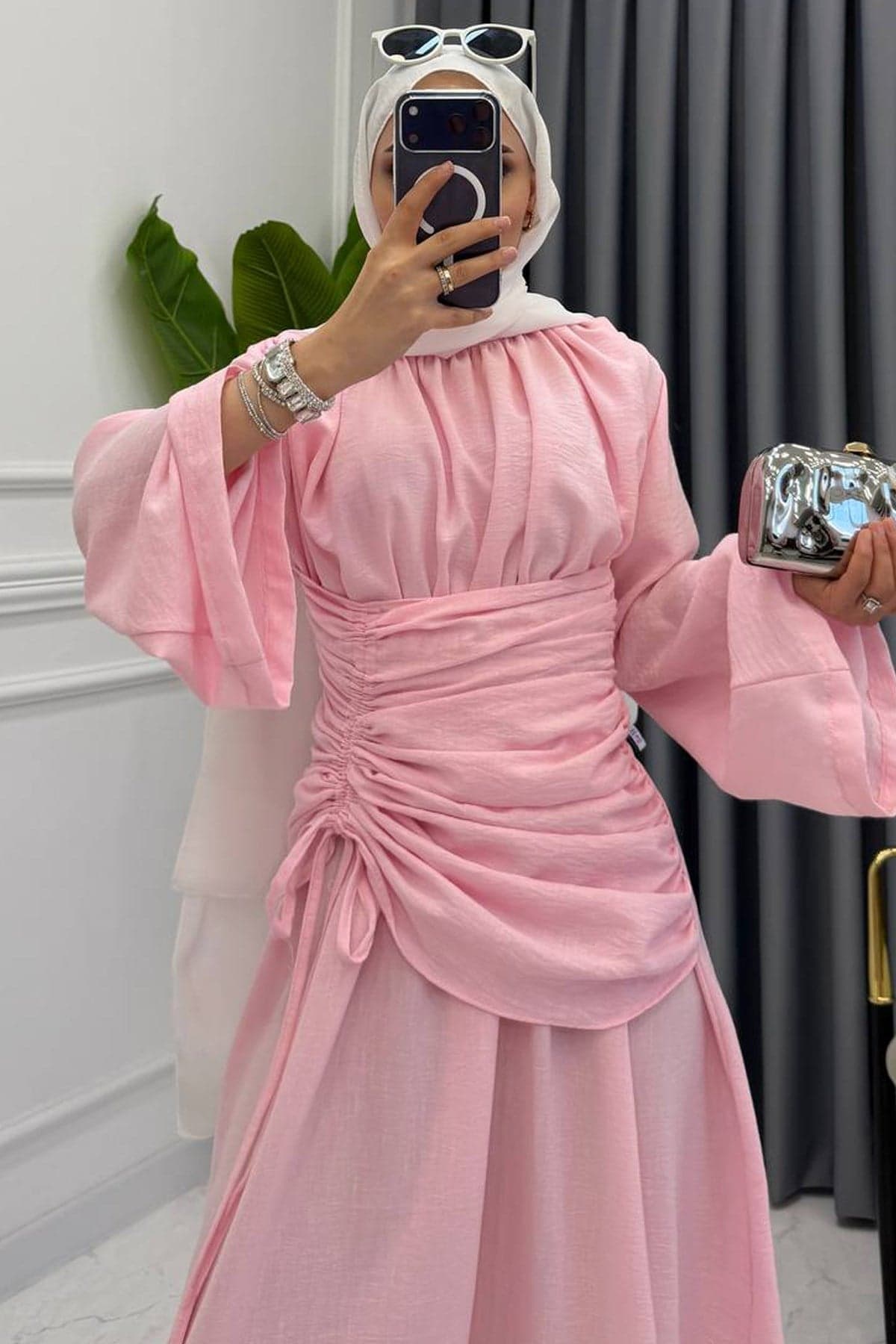 YANDAN BÜZGÜLÜ ELBİSE PEMBE