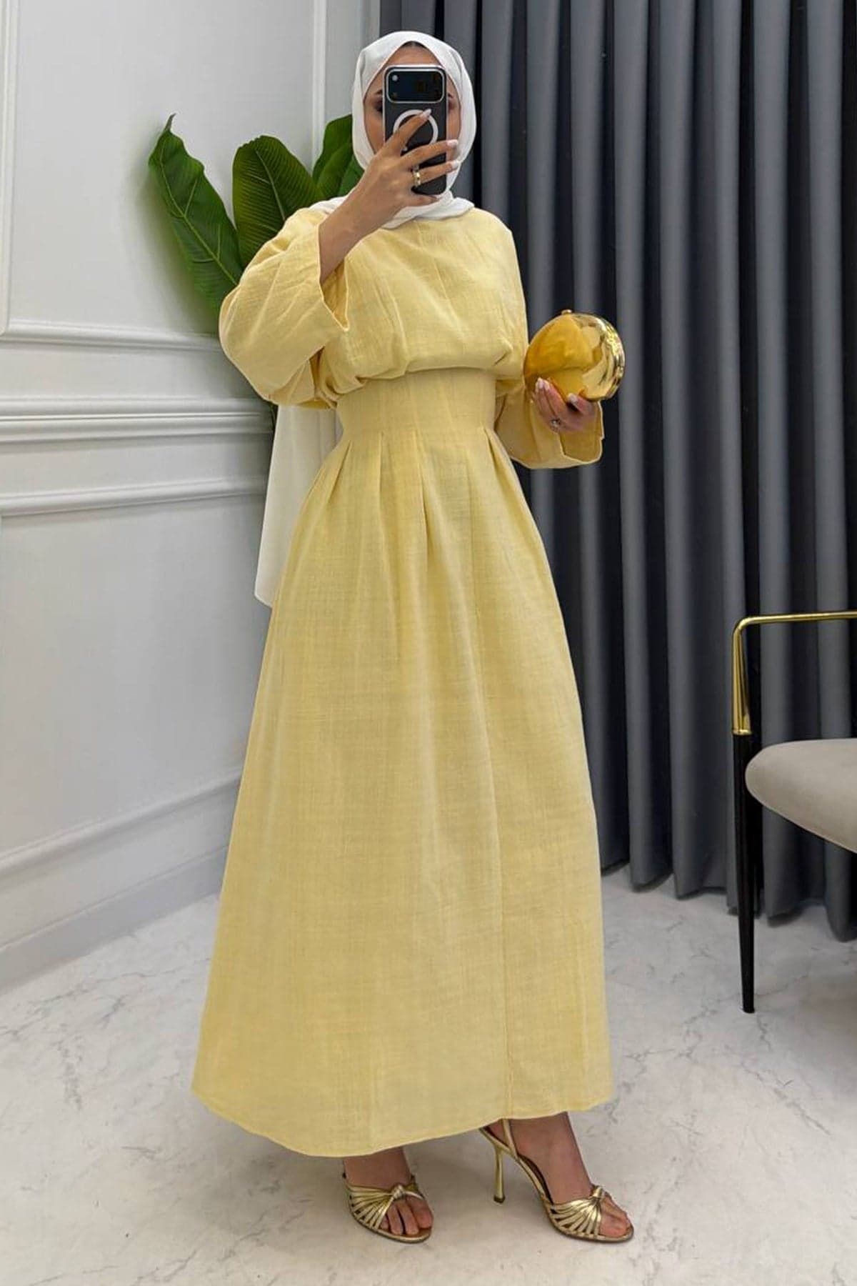 BELİ DRAPELİ KETEN ELBİSE SARI