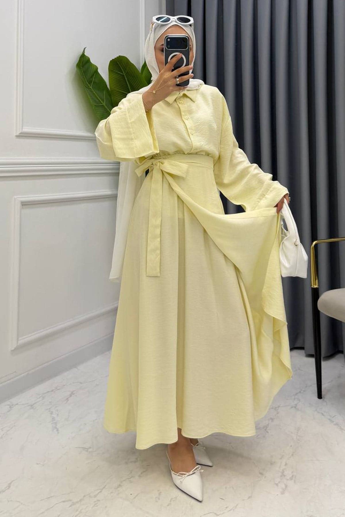 ETEĞİ BAĞLAMALI GÖMLEK TAKIM SARI